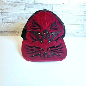 Affliction Trucker Hat Logo Snapback Red Black Corduroy Distressed Y2K OS